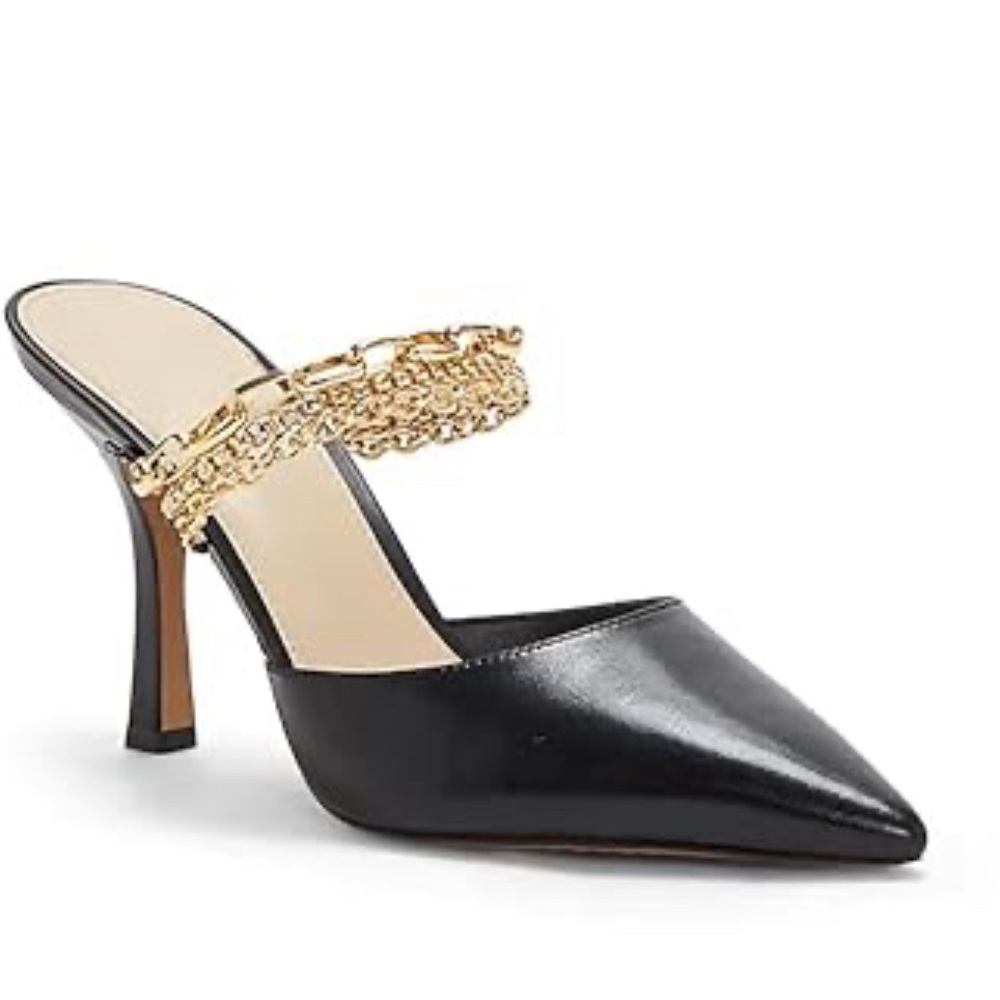 Trish Lucia Leather Pointed Toe Mule Heels with gold chain detail Size 7